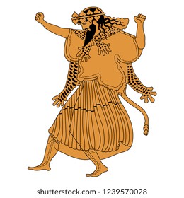 Isolated vector illustration. Ancient Greek god Dionysus dancing. Vase painting motif. Flat cartoon style.