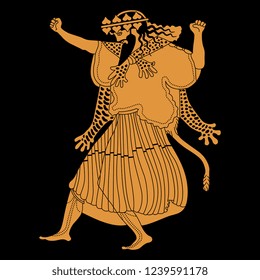 Isolated vector illustration. Ancient Greek god Dionysus dancing. Vase painting motif. Flat cartoon style. On black background.