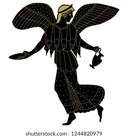 Isolated vector illustration. Ancient Greek winged goddes Nike with two vessels. Vase painting motif. Black and gold silhouette on white background.
