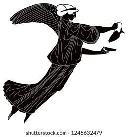 Isolated vector illustration. Ancient Greek winged goddess Nike with two vessels. Vase painting motif. Black and white silhouette.