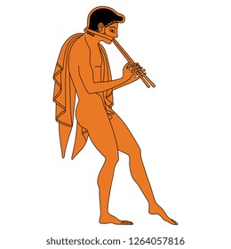 Isolated vector illustration. Ancient Greek young man playing the flute. Vase painting motif. Vintage cartoon style.