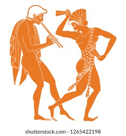 Isolated vector illustration. Ancient Greek motif. Vase painting style. Dancing girl and young man playing the flute.