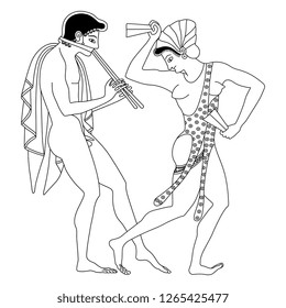 Isolated vector illustration. Ancient Greek motif. Dancing girl and young man playing the flute. Black and white linear silhouette. Cartoon style.