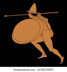 Isolated vector illustration. Ancient Greek young warrior with a shield and a spear. Vase painting motif. Cartoon style.