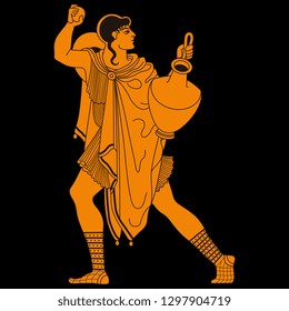 Isolated vector illustration. Ancient Greek young man holding a vessel. Vase painting motif. Flat cartoon style. On black background.
