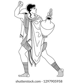 Isolated vector illustration. Ancient Greek young man holding a vessel. Vase painting motif. Black and white linear silhouette.