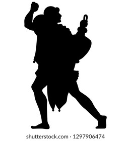 Isolated vector illustration. Ancient Greek young man holding a vessel. Black silhouette on white background.