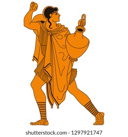 Isolated vector illustration. Ancient Greek young man holding a vessel. Vase painting motif. Flat cartoon style.