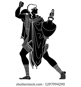Isolated vector illustration. Ancient Greek young man holding a vessel. Vase painting motif. Black and white linear silhouette. Cartoon style.
