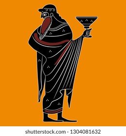 Isolated vector illustration. Ancient Greek male character God Dionysus holding a cup of wine. Vase painting style.