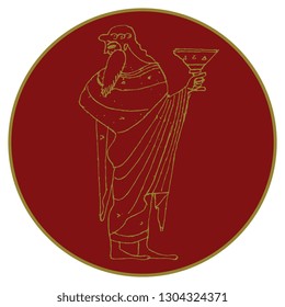 Isolated vector illustration. Ancient Greek god of wine Dionysus holding a cup in a circle. Hand drawn linear doodle sketch.