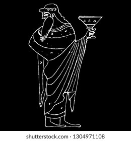 Isolated vector illustration. Ancient Greek male character God Dionysus holding a cup of wine. White silhouette on black background. Hand drawn linear doodle sketch.