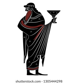 Isolated vector illustration. Ancient Greek male character God Dionysus holding a cup of wine. Vase painting style.