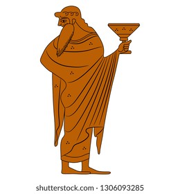 Isolated vector illustration. Ancient Greek god of wine Dionysus holding a cup. Vase painting style.
