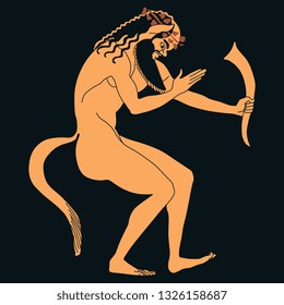 Isolated vector illustration. Ancient Greek fantastic male character. Drunken satyr or Silenus holding a rhyton of wine. Mythological vase painting motif. Cartoon style. On black background.