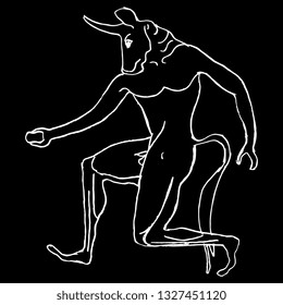 Isolated vector illustration. Ancient Greek bull man Minotaur. Fantastic mythological male character. Hand drawn linear doodle sketch. White silhouette on black background.