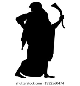 Isolated vector illustration. Ancient Greek character holding rhyton of wine. Black silhouette on white background.