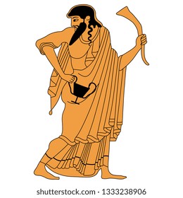 Isolated vector illustration. Ancient Greek god Dionysus holding rhyton of wine and a cup. Vase painting motif. Flat cartoon style.