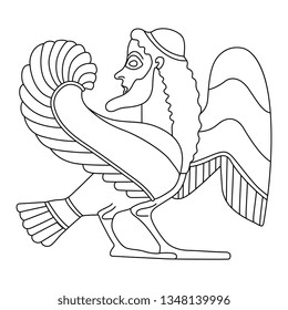 Isolated vector illustration. Ancient Greek vase painting motif. Fantastic mythological creature. Bearded male winged siren. Half bird half man. Black and white linear silhouette.