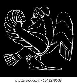 Isolated vector illustration. Ancient Greek motif. Fantastic mythological creature. Bearded male winged siren. Half bird half man. Hand drawn linear doodle sketch. White silhouette on black background