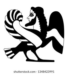 Isolated vector illustration. Ancient Greek motif. Fantastic mythological creature. Bearded male winged siren. Half bird half man. Black and white silhouette.
