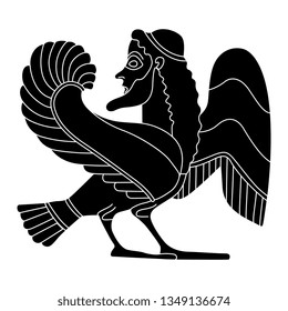 Isolated vector illustration. Ancient Greek vase painting motif. Fantastic mythological creature. Bearded male winged siren. Half bird half man. Black and white linear silhouette.