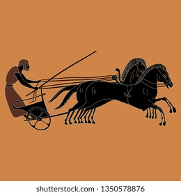 Isolated vector illustration. Ancient Greek chariot with a charioteer and horses. Vase painting motif.
