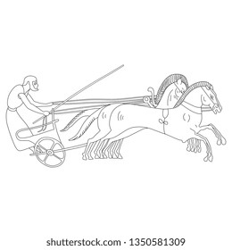 Isolated vector illustration. Ancient Greek chariot with a charioteer and horses. Vase painting motif. Black and white linear silhouette.