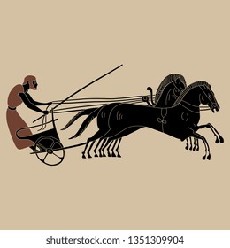 Isolated vector illustration. Ancient Greek chariot with a charioteer and horses. Vase painting motif.