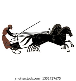 
Isolated vector illustration. Ancient Greek chariot with a charioteer and horses. Vase painting motif.