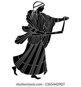 Isolated vector illustration. Ancient Greek running girl with a torch. Black and white linear silhouette. Vase painting motif.