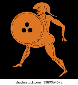 Isolated vector illustration. Ancient Greek running warrior in helmet with a shield. Vase painting notif.

