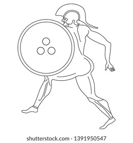 Isolated vector illustration. Ancient Greek running warrior in helmet with a shield. Vase painting notif. Black and white linear silhouette.