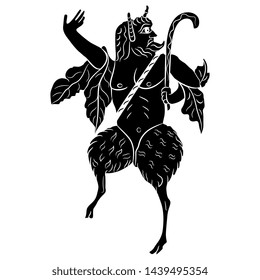 Isolated vector illustration. Ancient Greek satyr or god Pan. Fantastic mythological creature. Antique Coptic motif. Black and white silhouette.