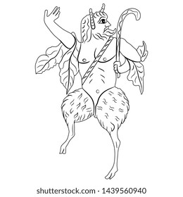 
Isolated vector illustration. Ancient Greek satyr or god Pan. Fantastic mythological creature. Antique Coptic motif. Black and white linear silhouette.
