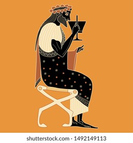 Isolated Vector Illustration. Ancient Greek God Of Wine Dionysus Sitting On Throne And Drinking Cup Of Wine. Vase Painting Style.