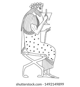 Isolated vector illustration. Ancient Greek god of wine Dionysus sitting on throne and drinking cup of wine. Vase painting style. Black and white linear silhouette.