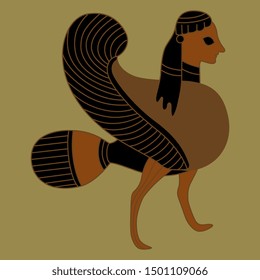 Isolated vector illustration. Ancient Greek fantastic bird with female head. Siren or Harpy. Vase painting style.