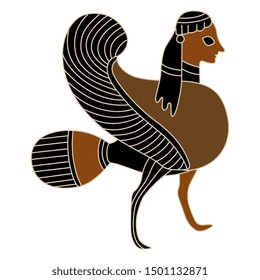 Isolated vector illustration. Ancient Greek fantastic bird with female head. Siren or Harpy. Vase painting style.