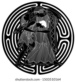 Isolated vector illustration. Ancient Greek mythology. Goddess Thetis and Peleus in labyrinth or maze. Black and white silhouette.