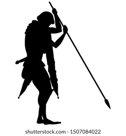 Isolated vector illustration. Ancient Greek warrior with a spear. Black silhouette on white background.