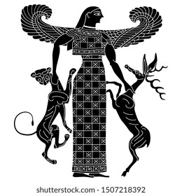 Isolated vector illustration. Ancient Greek goddess of wild animals. Potnia Theron. Black and white silhouette. Winged Artemis holding deer and lion.