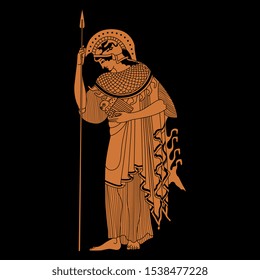 Isolated vector illustration. Ancient Greek goddess Athena. Vase painting style. On black background.