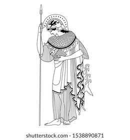 Isolated vector illustration. Ancient Greek goddess Athena. Vase painting style. Black and white linear silhouette.
