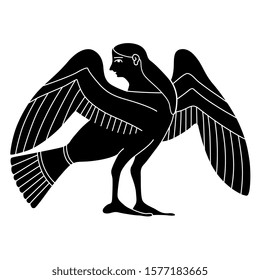  Einzige Vektorgrafik. Alte griechische Sirenen oder Harpie. Fantastisches mythologisches Wesen. Halb Vogel, halb Frau. Schwarz-Weiß-Silhouette.