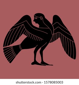 Isolated vector illustration. Ancient Greek siren or harpy. Fantastic mythological creature. Half bird half woman. Monochrome silhouette.