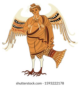 Isolated vector illustration. Ancient Greek winged Siren or Harpy playing the flute. Fantastic mythological bird woman. Vase painting motif. 