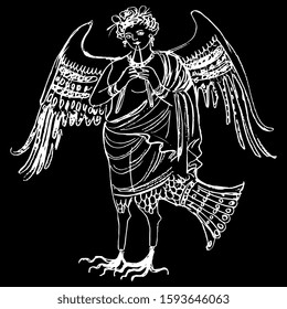 Isolated vector illustration. Ancient Greek winged Siren or Harpy playing the flute. Fantastic mythological bird woman. Hand drawn linear doodle sketch. White silhouette on black background.