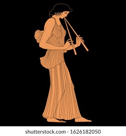 Isolated vector illustration. Ancient Greek girl playing the flute. Vase painting style.