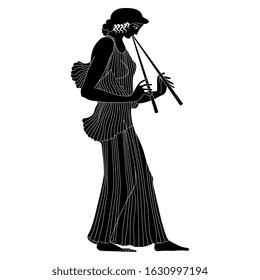 Isolated vector illustration. Ancient Greek girl playing the flute. Vase painting style. Black and white linear silhouette.
